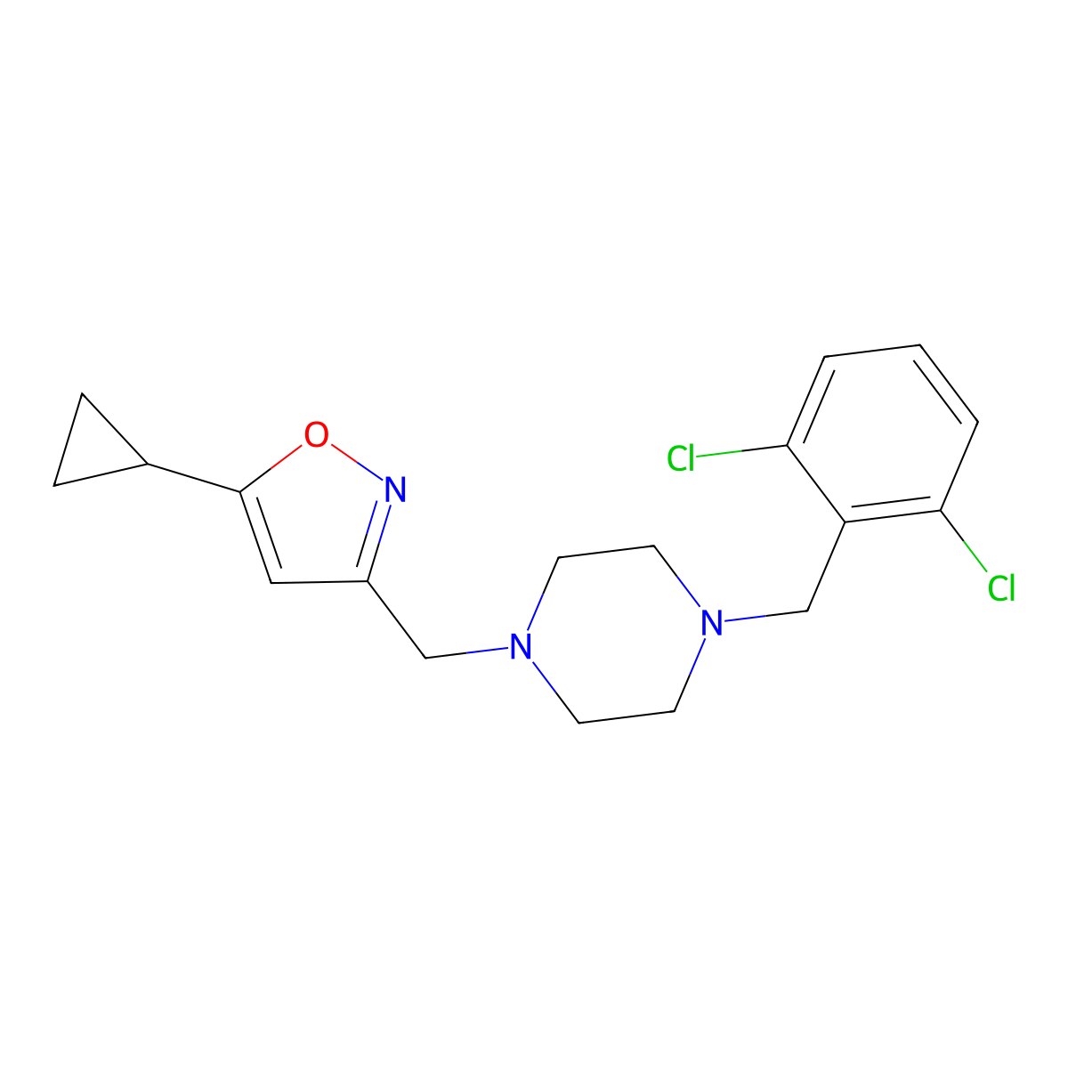 1-[(5-Cyclopropyl-1,2-oxazol-3-yl)methyl]-4-[(2,6-dichlorophenyl)methyl]piperazine molecular structure, CAS 3054444-72-0