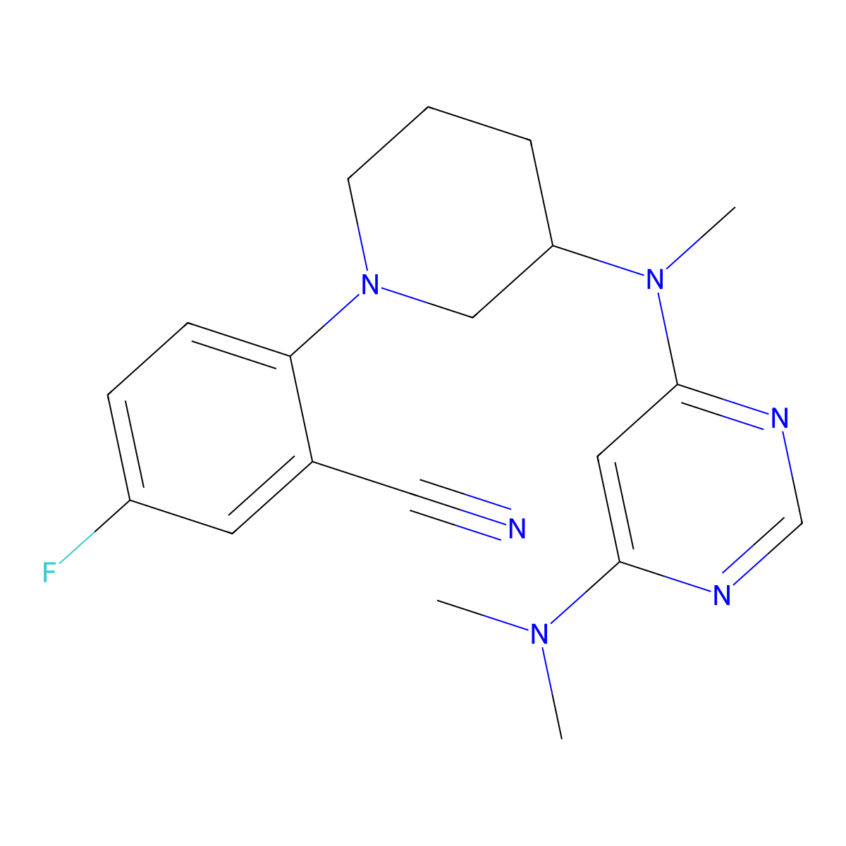 2-(3-{[6-(Dimethylamino)pyrimidin-4-yl](methyl)amino}piperidin-1-yl)-5-fluorobenzonitrile molecular structure, CAS 3054444-79-7