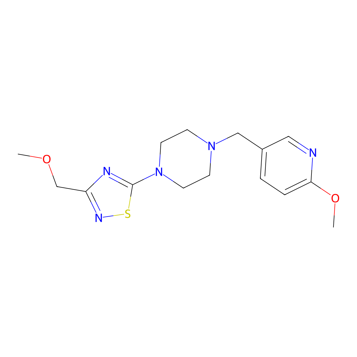 1-[3-(Methoxymethyl)-1,2,4-thiadiazol-5-yl]-4-[(6-methoxypyridin-3-yl)methyl]piperazine molecular structure, CAS 3054444-81-1