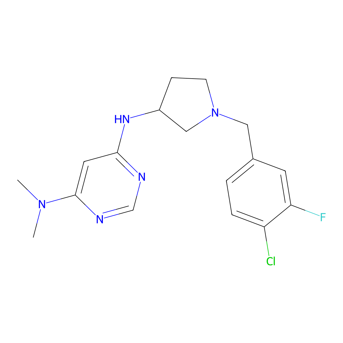6-N-[1-[(4-chloro-3-fluorophenyl)methyl]pyrrolidin-3-yl]-4-N,4-N-dimethylpyrimidine-4,6-diamine molecular structure, CAS 3054444-84-4