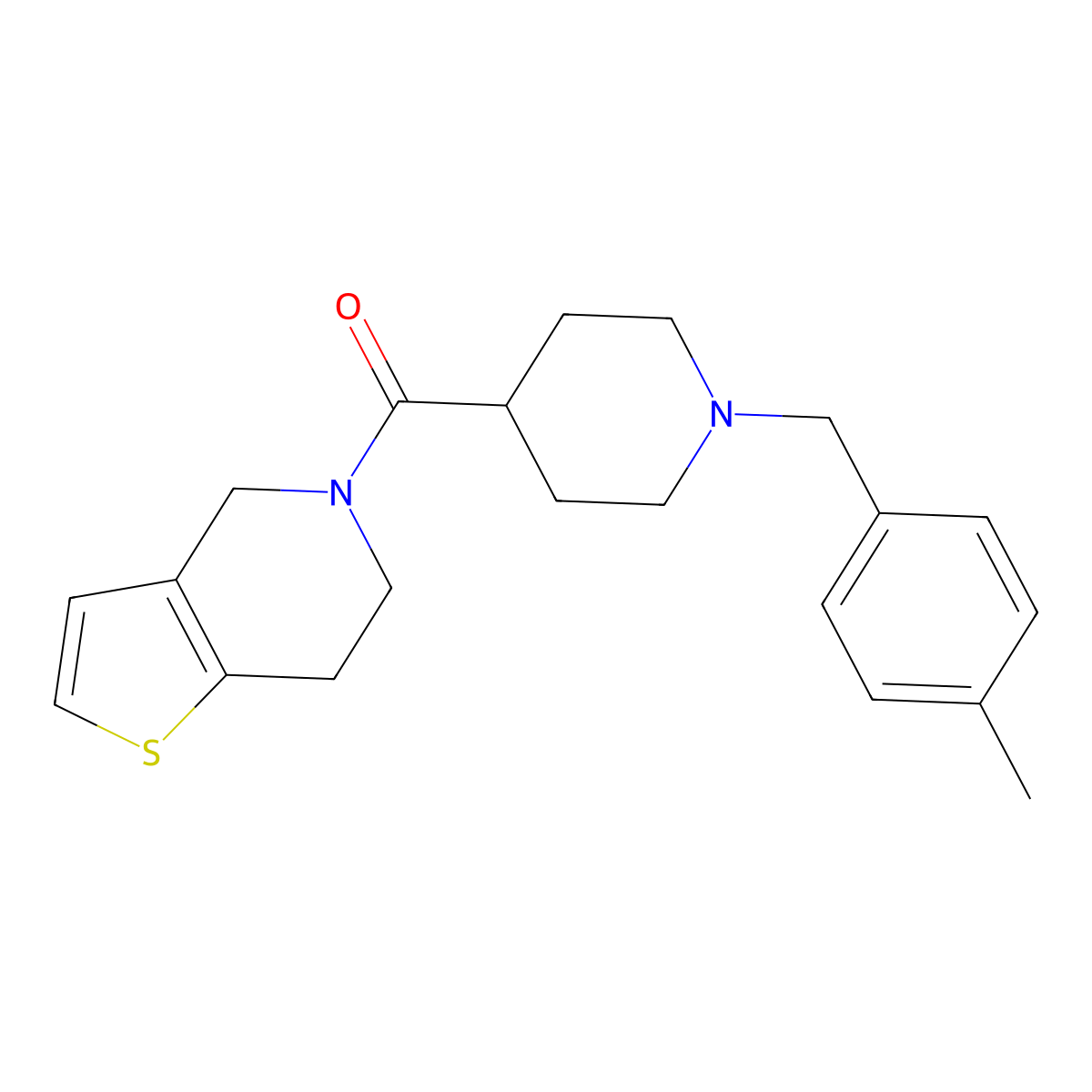 1-[(4-methylphenyl)methyl]-4-{4H,5H,6H,7H-thieno[3,2-c]pyridine-5-carbonyl}piperidine molecular structure, CAS 3054444-85-5