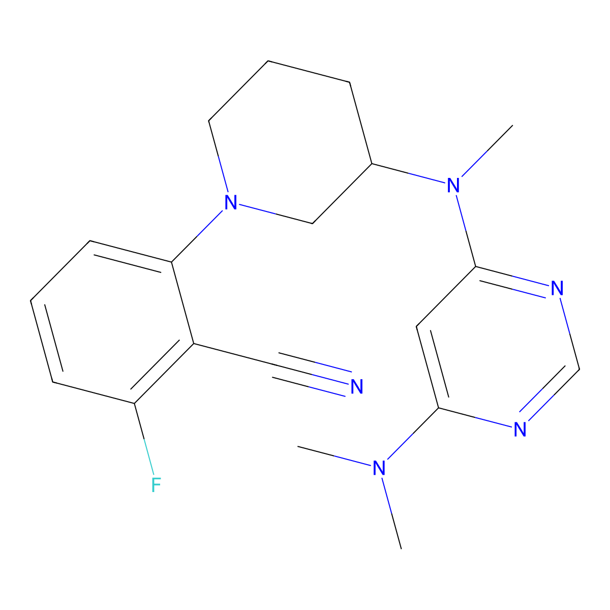 2-(3-{[6-(Dimethylamino)pyrimidin-4-yl](methyl)amino}piperidin-1-yl)-6-fluorobenzonitrile molecular structure, CAS 3054444-95-7