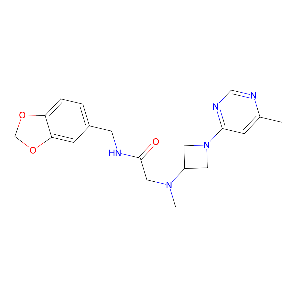 N-[(2H-1,3-benzodioxol-5-yl)methyl]-2-{methyl[1-(6-methylpyrimidin-4-yl)azetidin-3-yl]amino}acetamide molecular structure, CAS 3054444-98-0