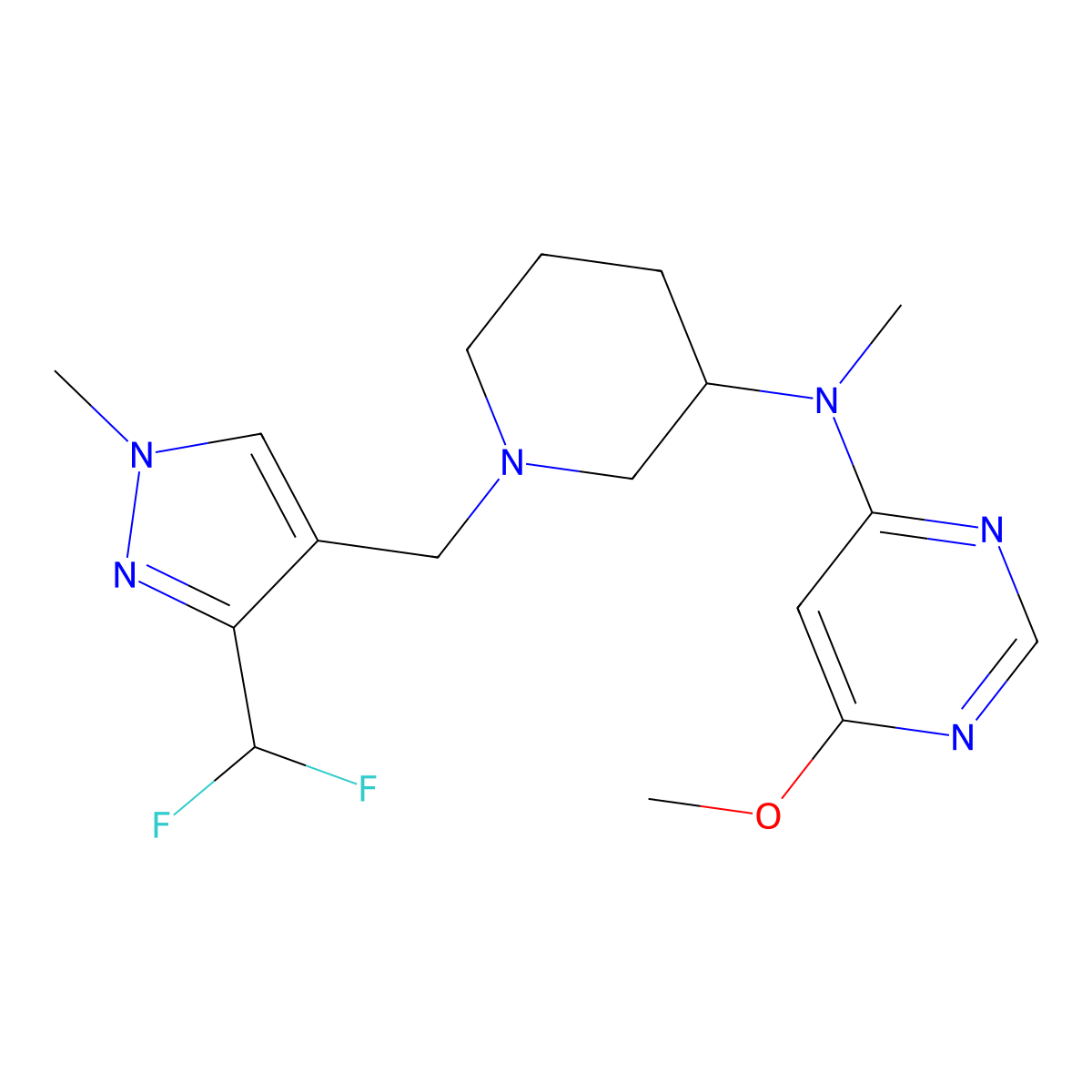 N-(1-{[3-(difluoromethyl)-1-methyl-1H-pyrazol-4-yl]methyl}piperidin-3-yl)-6-methoxy-N-methylpyrimidin-4-amine molecular structure, CAS 3054445-15-4