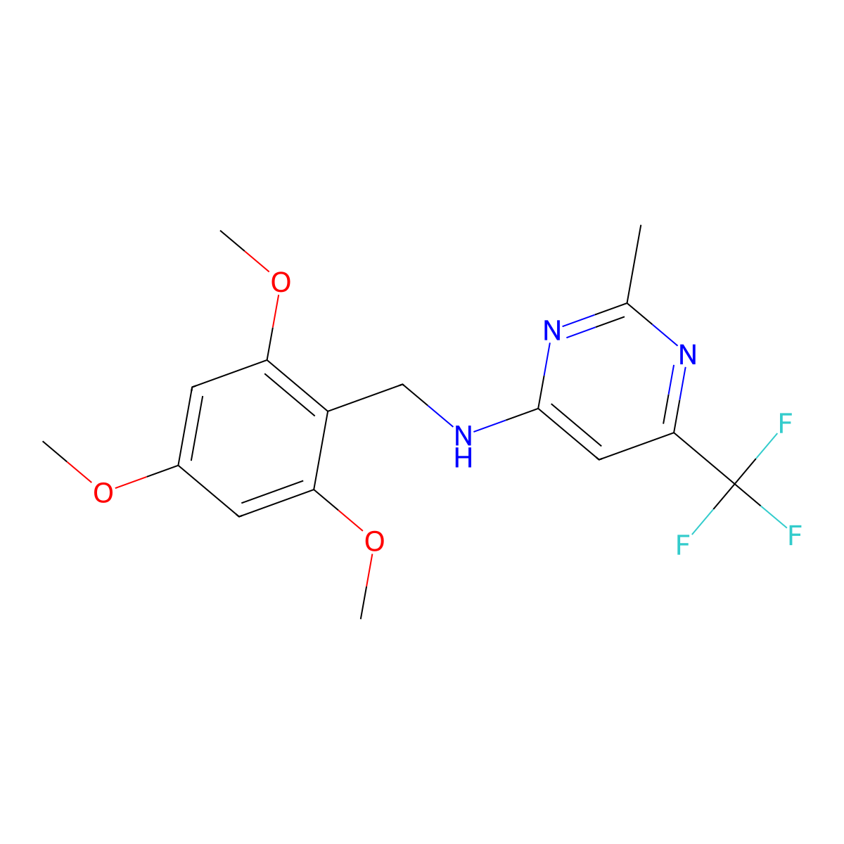 2-methyl-6-(trifluoromethyl)-N-[(2,4,6-trimethoxyphenyl)methyl]pyrimidin-4-amine molecular structure, CAS 3054445-18-7