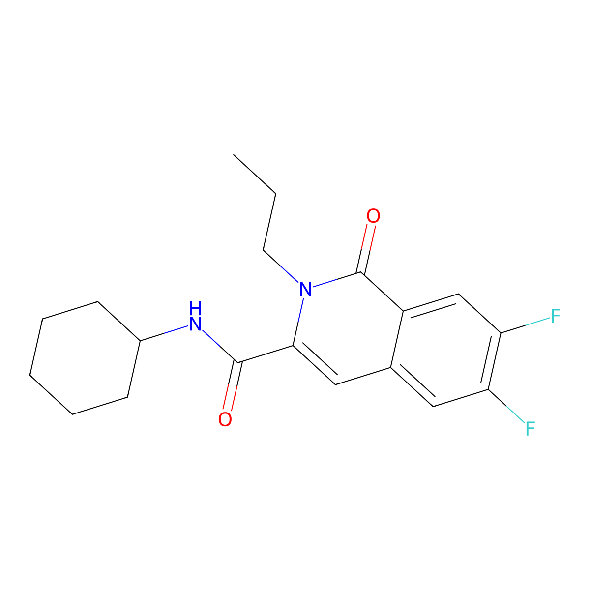 N-cyclohexyl-6,7-difluoro-1-oxo-2-propyl-1,2-dihydroisoquinoline-3-carboxamide molecular structure, CAS 3054445-33-6