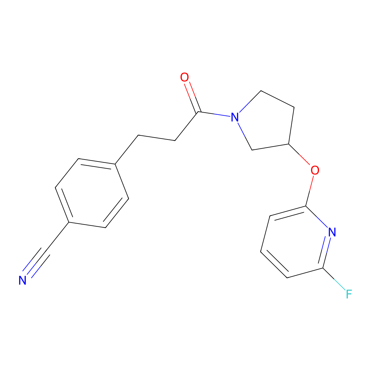 4-(3-{3-[(6-Fluoropyridin-2-yl)oxy]pyrrolidin-1-yl}-3-oxopropyl)benzonitrile molecular structure, CAS 3054445-34-7