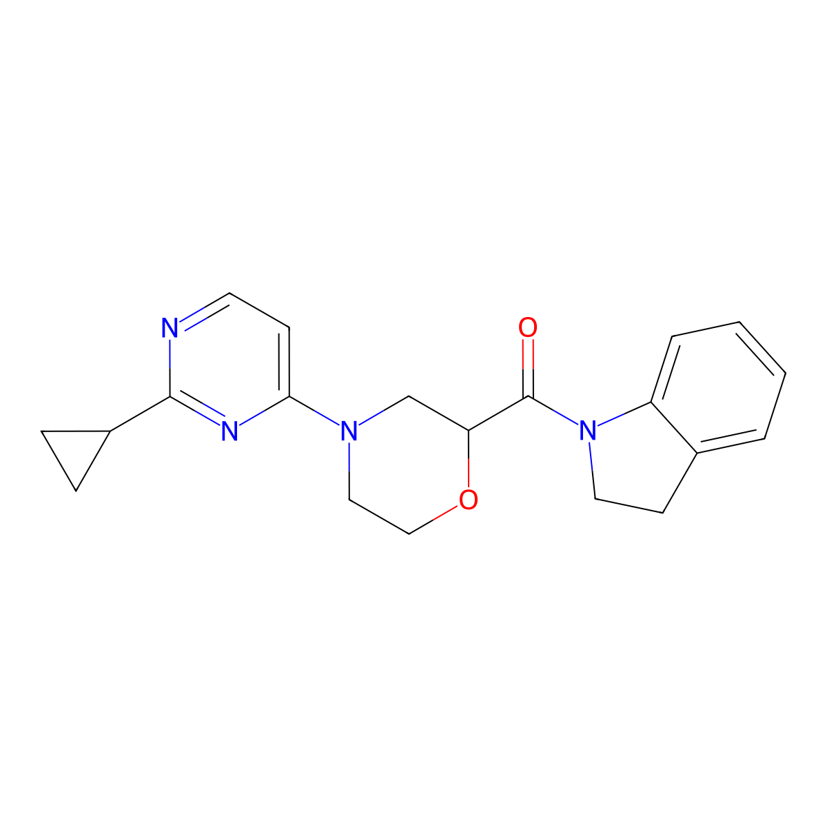 1-[4-(2-cyclopropylpyrimidin-4-yl)morpholine-2-carbonyl]-2,3-dihydro-1H-indole molecular structure, CAS 3054445-39-2