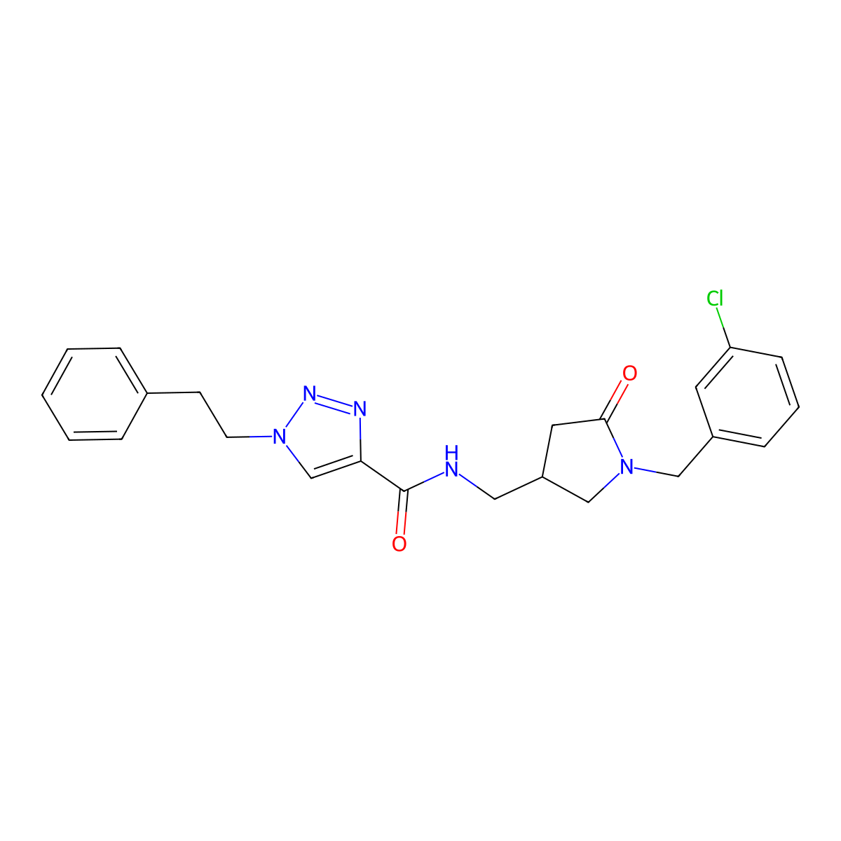 N-({1-[(3-chlorophenyl)methyl]-5-oxopyrrolidin-3-yl}methyl)-1-(2-phenylethyl)-1H-1,2,3-triazole-4-carboxamide molecular structure, CAS 3054445-40-5