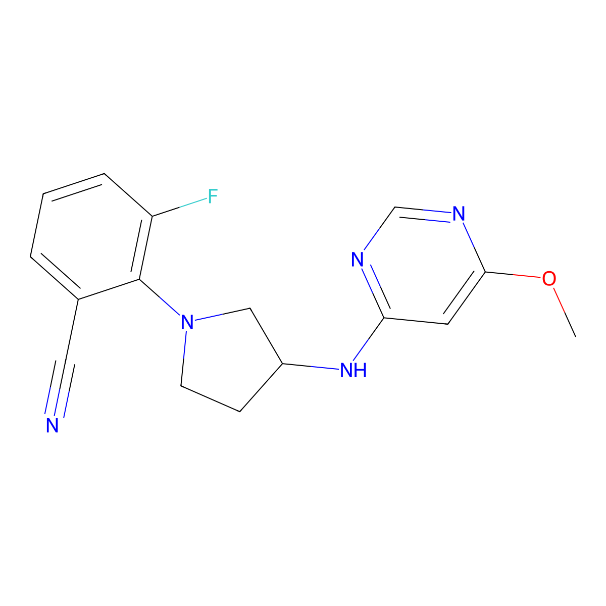 3-Fluoro-2-{3-[(6-methoxypyrimidin-4-yl)amino]pyrrolidin-1-yl}benzonitrile molecular structure, CAS 3054445-44-9