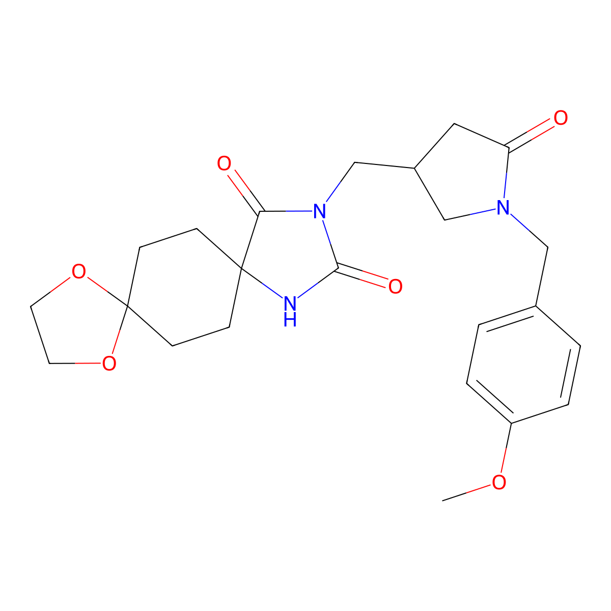 3-({1-[(4-Methoxyphenyl)methyl]-5-oxopyrrolidin-3-yl}methyl)-9,12-dioxa-1,3-diazadispiro[4.2.4.2]tetradecane-2,4-dione molecular structure, CAS 3054445-48-3