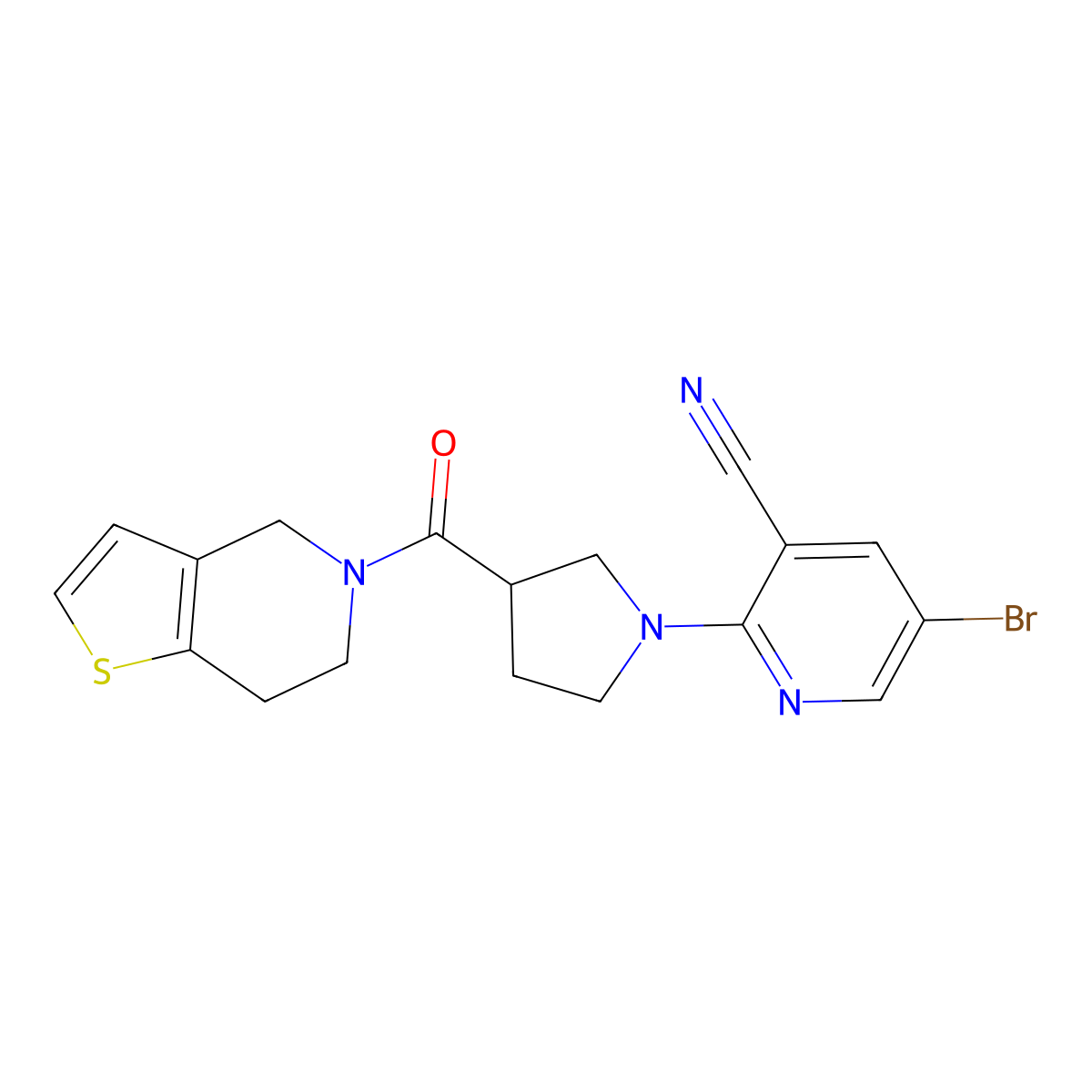 5-bromo-2-(3-{4H,5H,6H,7H-thieno[3,2-c]pyridine-5-carbonyl}pyrrolidin-1-yl)pyridine-3-carbonitrile molecular structure, CAS 3054445-49-4