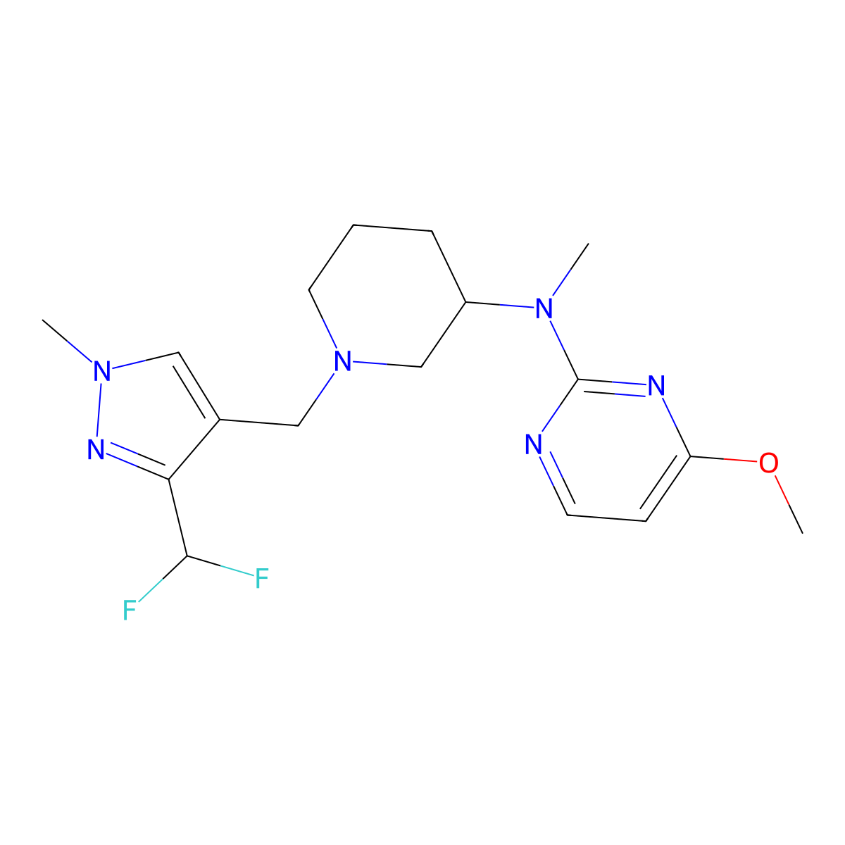 N-(1-{[3-(difluoromethyl)-1-methyl-1H-pyrazol-4-yl]methyl}piperidin-3-yl)-4-methoxy-N-methylpyrimidin-2-amine molecular structure, CAS 3054533-66-0