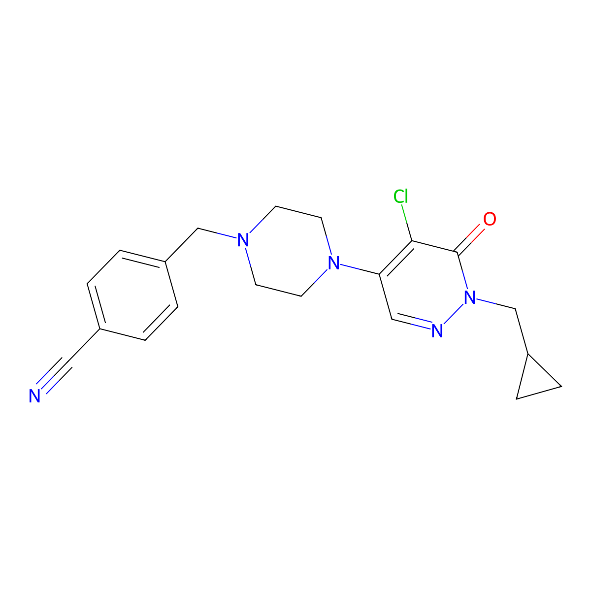4-({4-[5-Chloro-1-(cyclopropylmethyl)-6-oxo-1,6-dihydropyridazin-4-yl]piperazin-1-yl}methyl)benzonitrile molecular structure, CAS 3054533-74-0