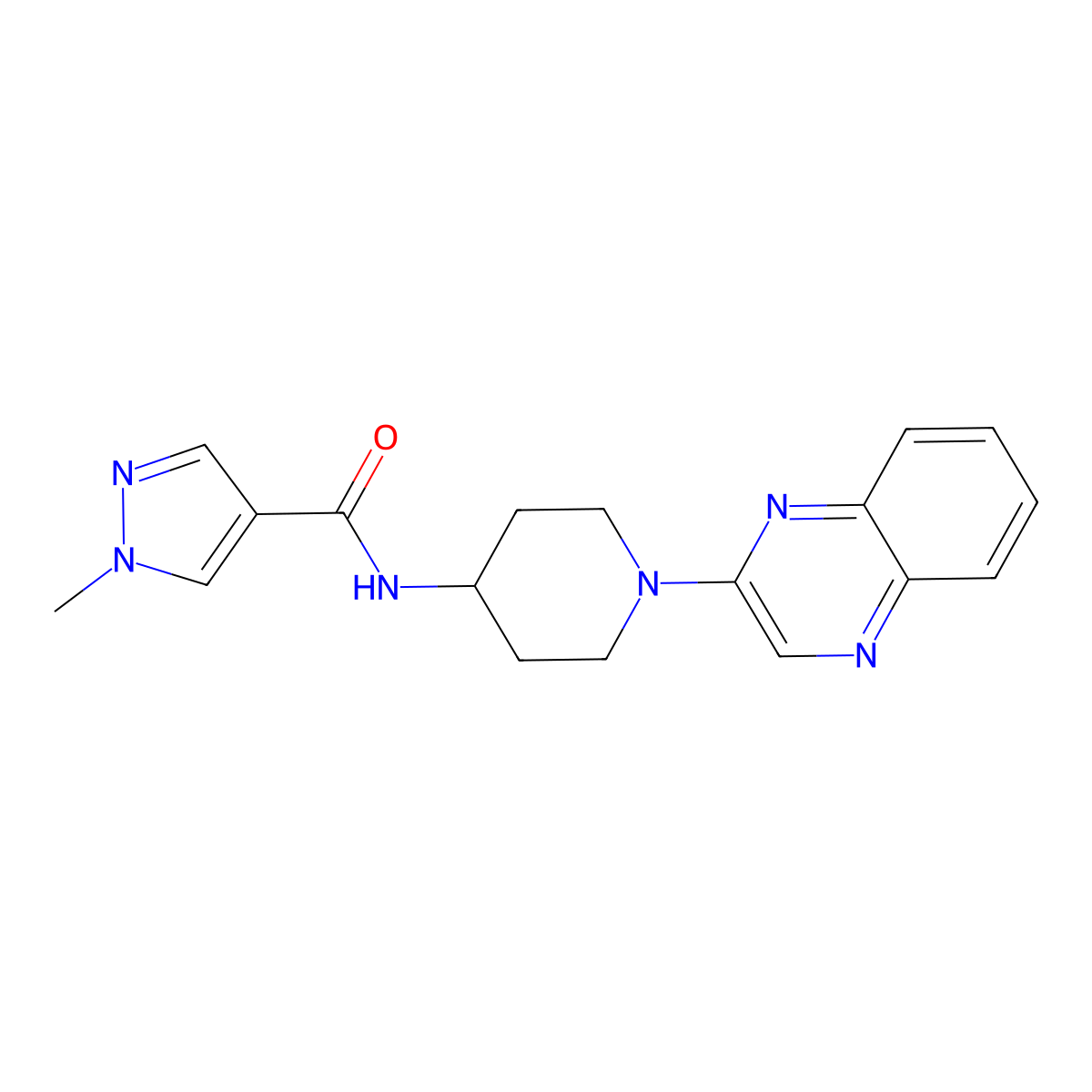 1-methyl-N-[1-(quinoxalin-2-yl)piperidin-4-yl]-1H-pyrazole-4-carboxamide molecular structure, CAS 3054533-81-9
