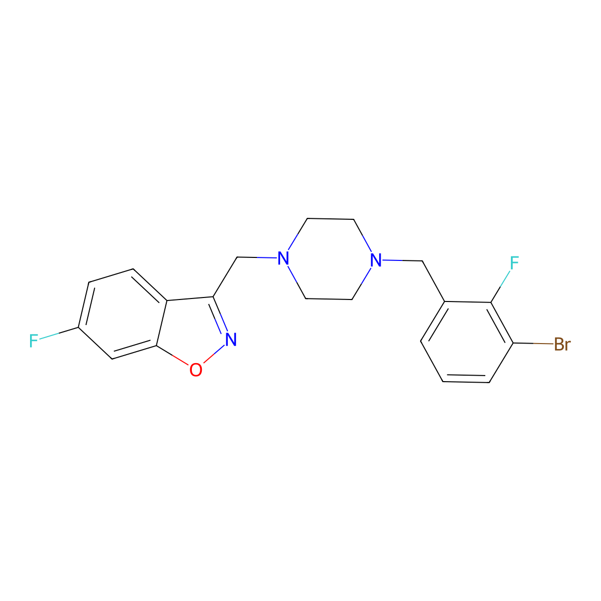 3-({4-[(3-Bromo-2-fluorophenyl)methyl]piperazin-1-yl}methyl)-6-fluoro-1,2-benzoxazole molecular structure, CAS 3054533-83-1