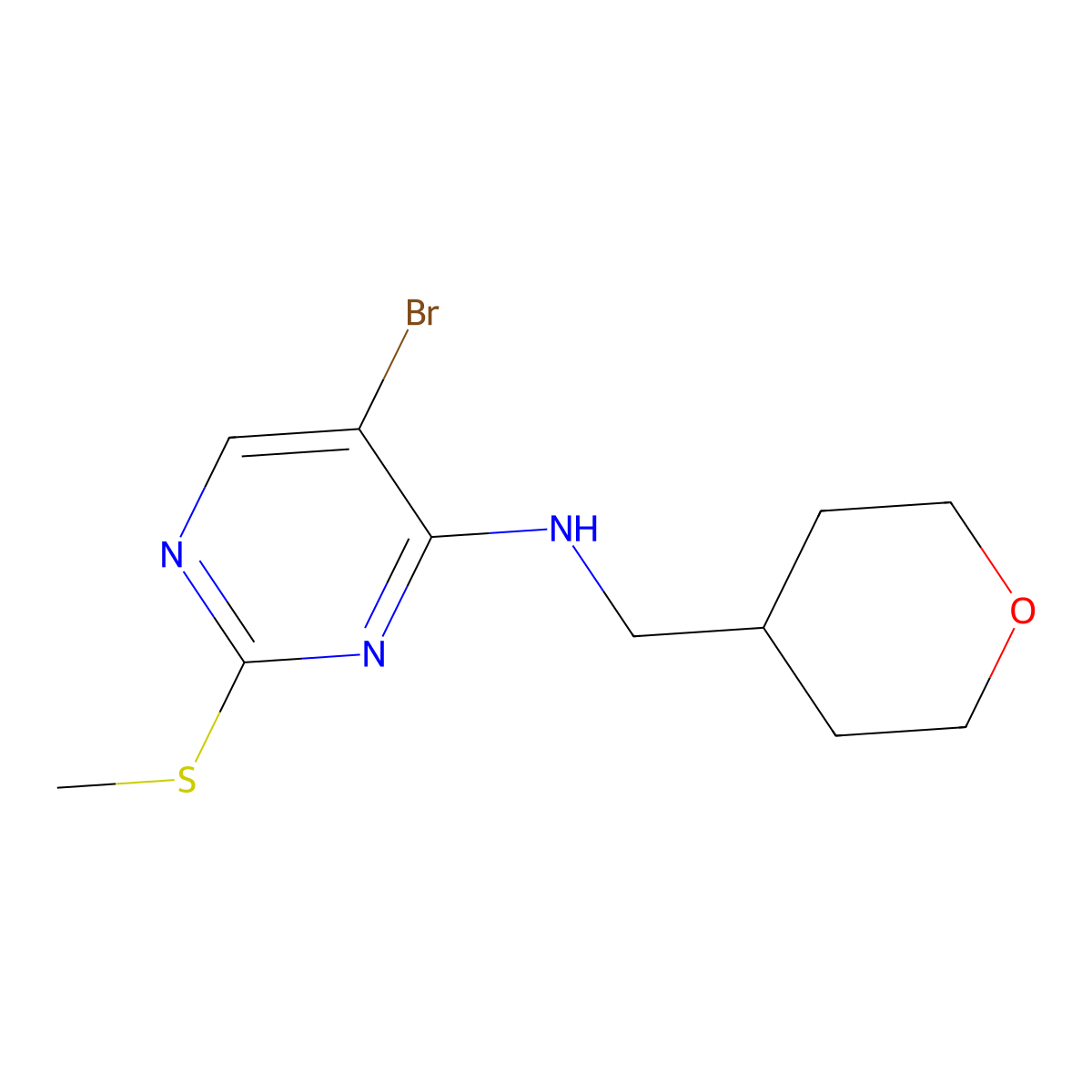 5-bromo-2-(methylsulfanyl)-N-[(oxan-4-yl)methyl]pyrimidin-4-amine molecular structure, CAS 3054533-84-2