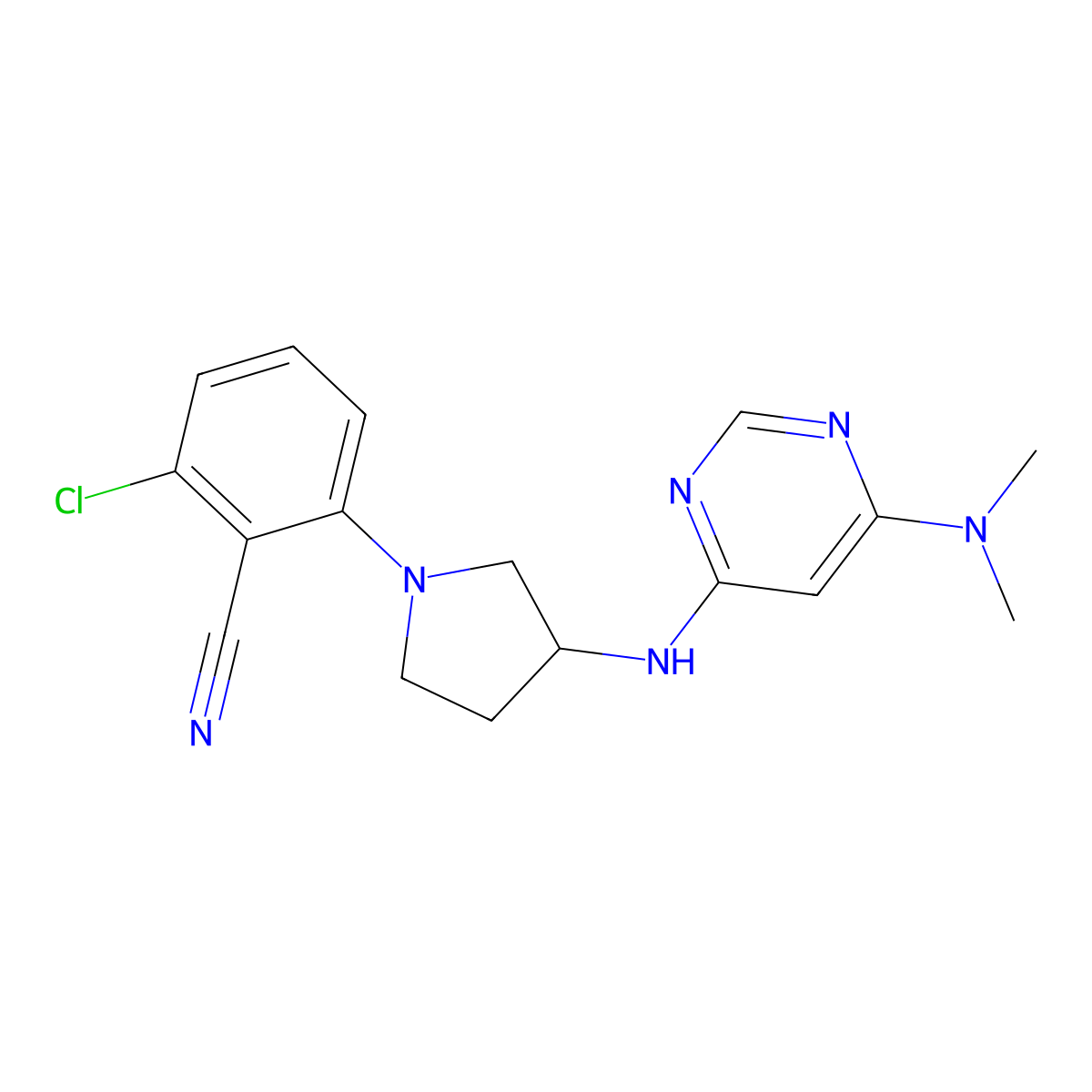 2-Chloro-6-(3-{[6-(dimethylamino)pyrimidin-4-yl]amino}pyrrolidin-1-yl)benzonitrile molecular structure, CAS 3054533-86-4