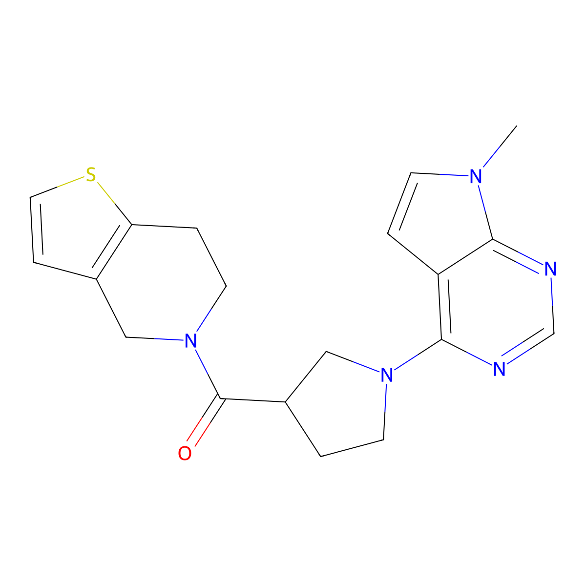 1-{7-methyl-7H-pyrrolo[2,3-d]pyrimidin-4-yl}-3-{4H,5H,6H,7H-thieno[3,2-c]pyridine-5-carbonyl}pyrrolidine molecular structure, CAS 3054533-87-5