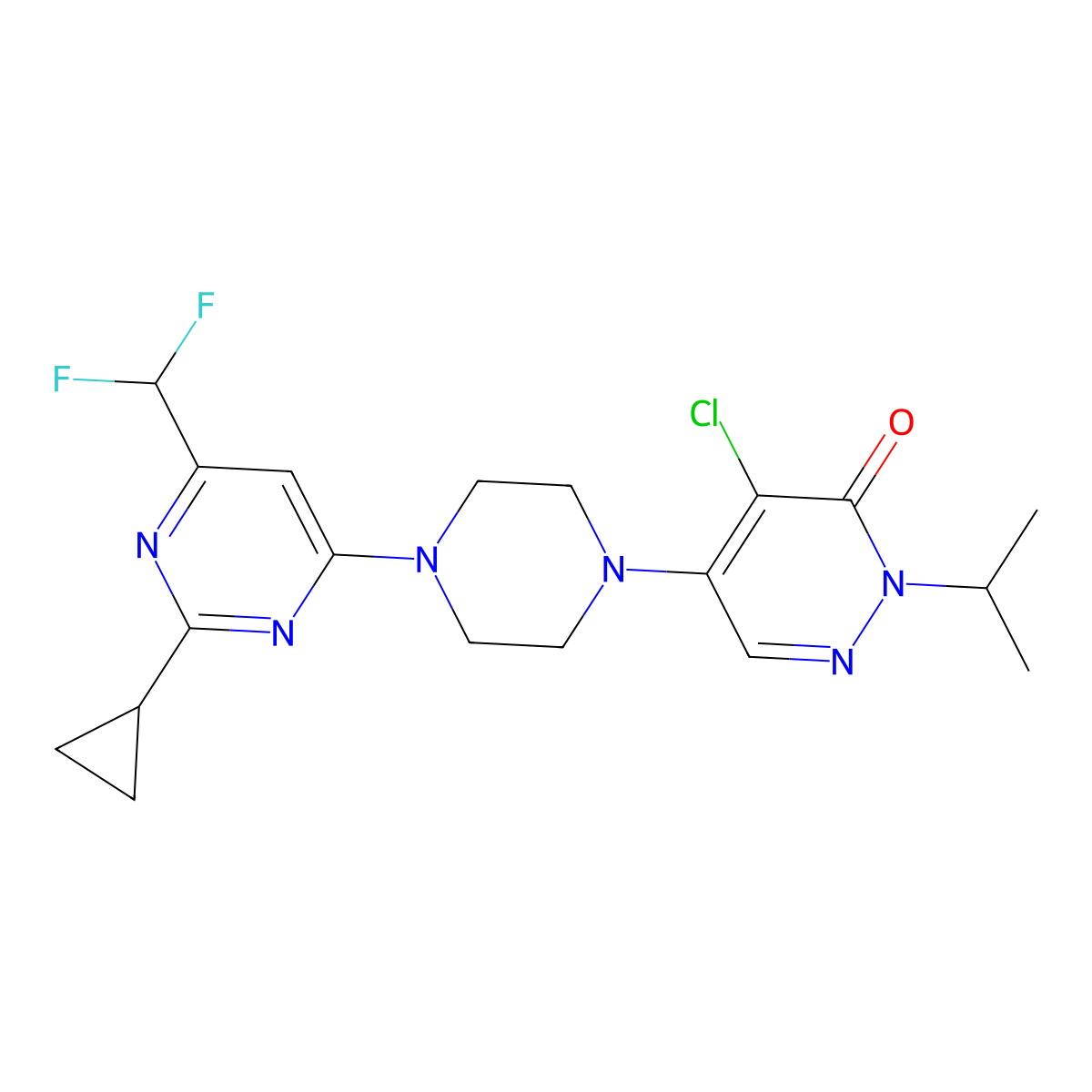 4-Chloro-5-{4-[2-cyclopropyl-6-(difluoromethyl)pyrimidin-4-yl]piperazin-1-yl}-2-(propan-2-yl)-2,3-dihydropyridazin-3-one molecular structure, CAS 3054534-00-5