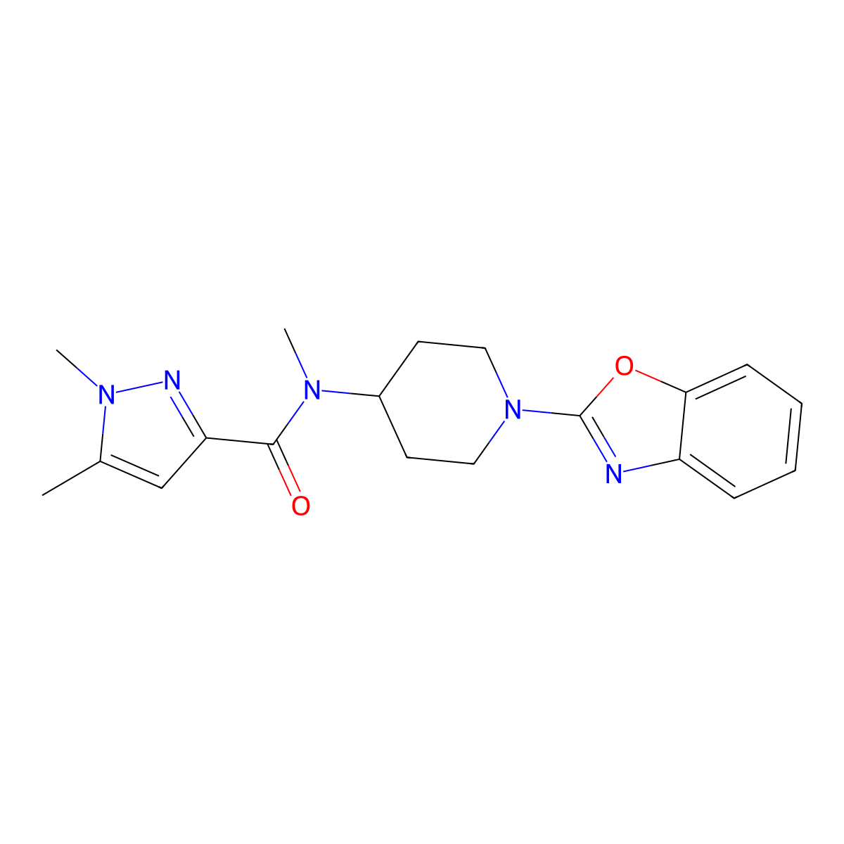 N-[1-(1,3-benzoxazol-2-yl)piperidin-4-yl]-N,1,5-trimethyl-1H-pyrazole-3-carboxamide molecular structure, CAS 3054534-08-3