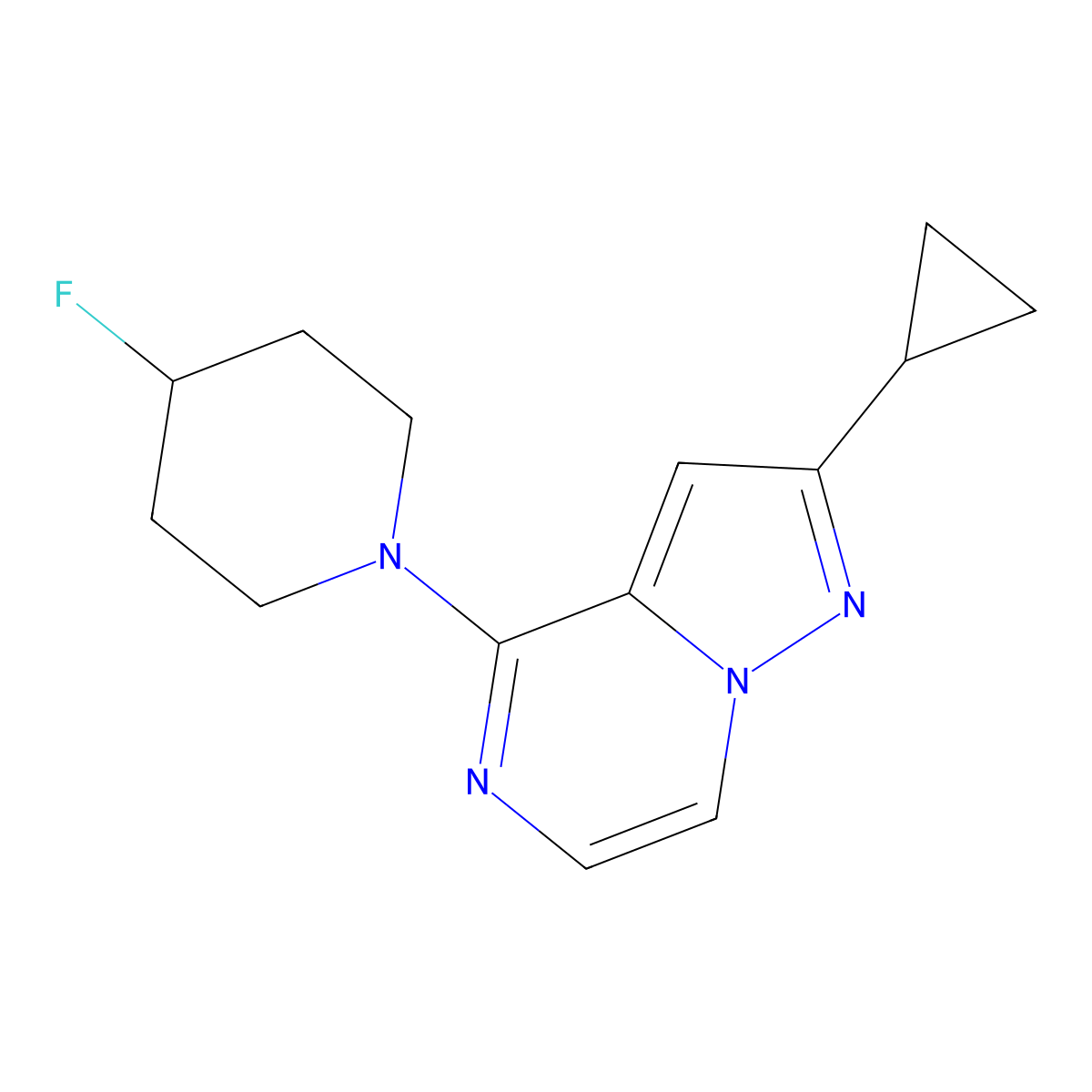 1-{2-Cyclopropylpyrazolo[1,5-a]pyrazin-4-yl}-4-fluoropiperidine molecular structure, CAS 3054534-12-9