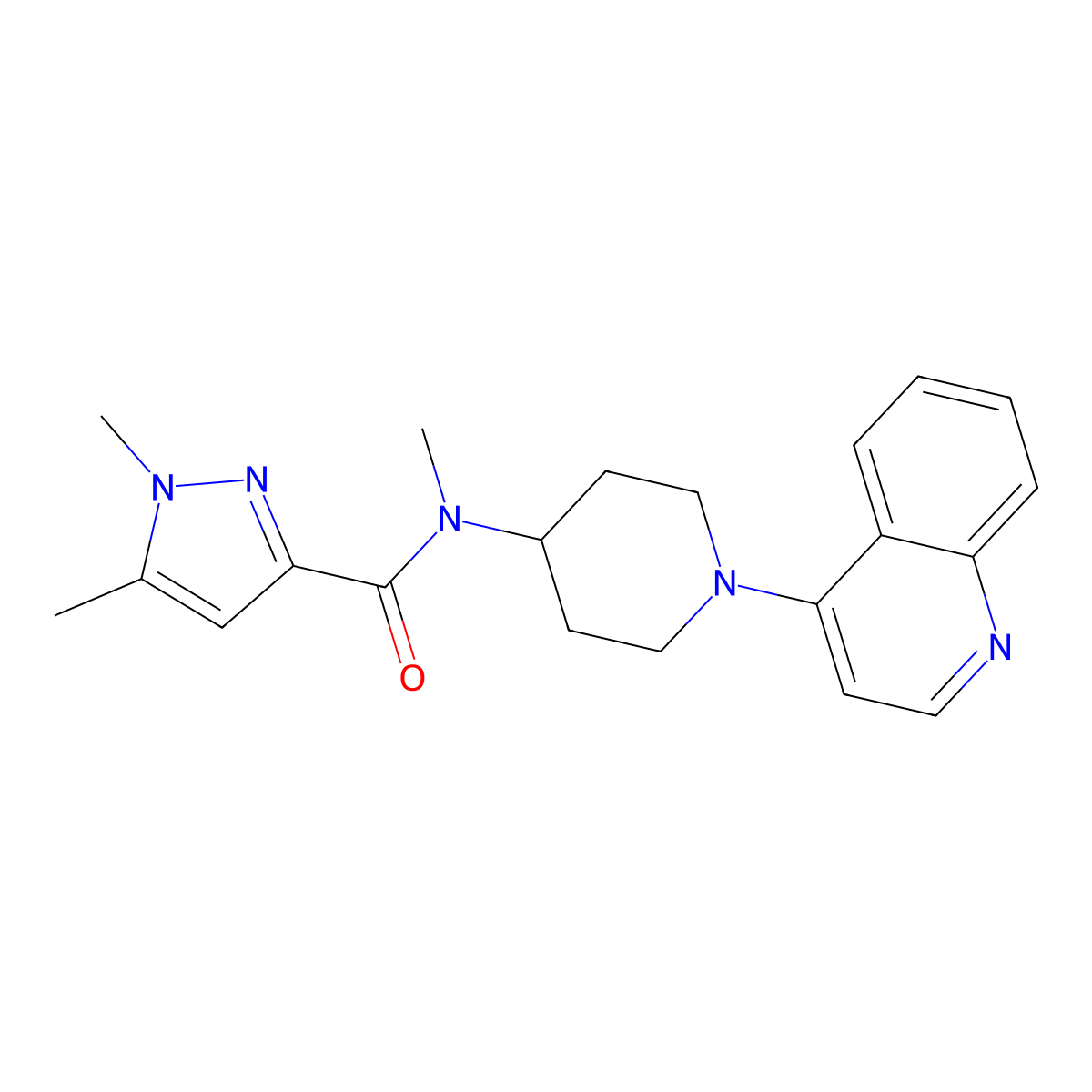 N,1,5-trimethyl-N-[1-(quinolin-4-yl)piperidin-4-yl]-1H-pyrazole-3-carboxamide molecular structure, CAS 3054534-14-1