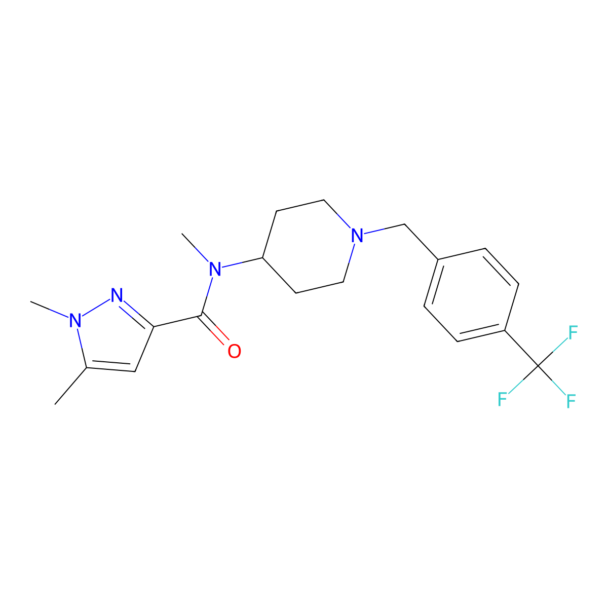 N,1,5-trimethyl-N-(1-{[4-(trifluoromethyl)phenyl]methyl}piperidin-4-yl)-1H-pyrazole-3-carboxamide molecular structure, CAS 3054534-15-2