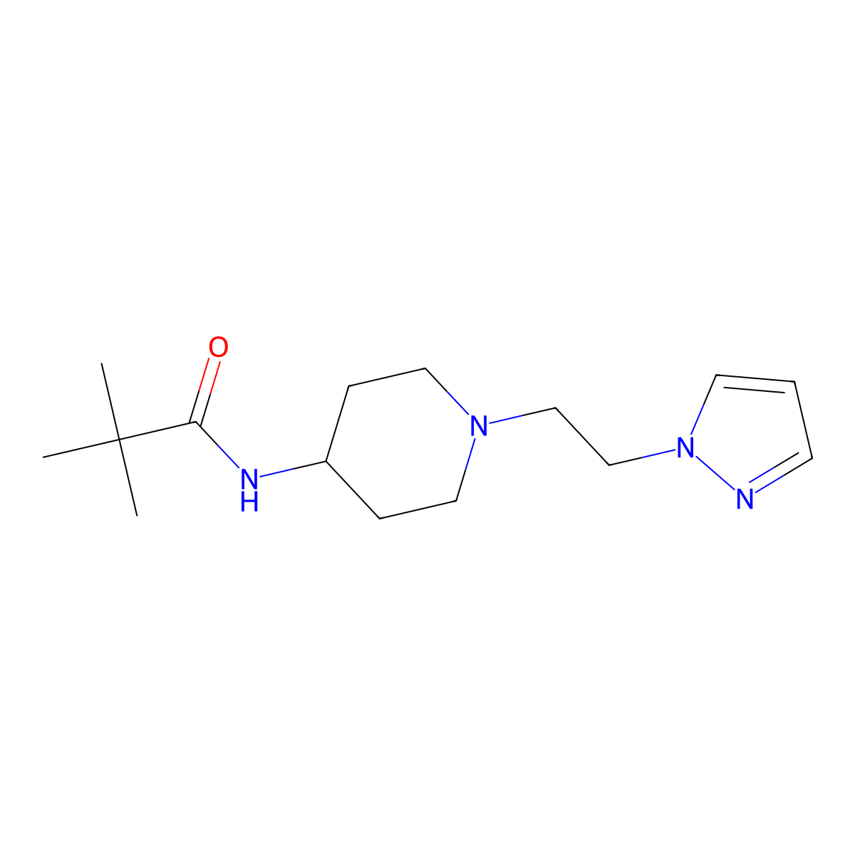 2,2-dimethyl-N-{1-[2-(1H-pyrazol-1-yl)ethyl]piperidin-4-yl}propanamide molecular structure, CAS 3054534-21-0
