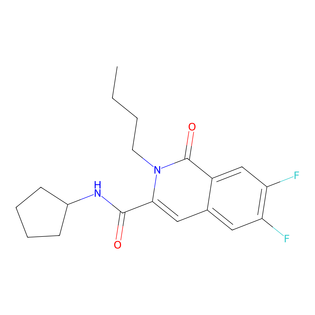 2-butyl-N-cyclopentyl-6,7-difluoro-1-oxo-1,2-dihydroisoquinoline-3-carboxamide molecular structure, CAS 3054534-24-3