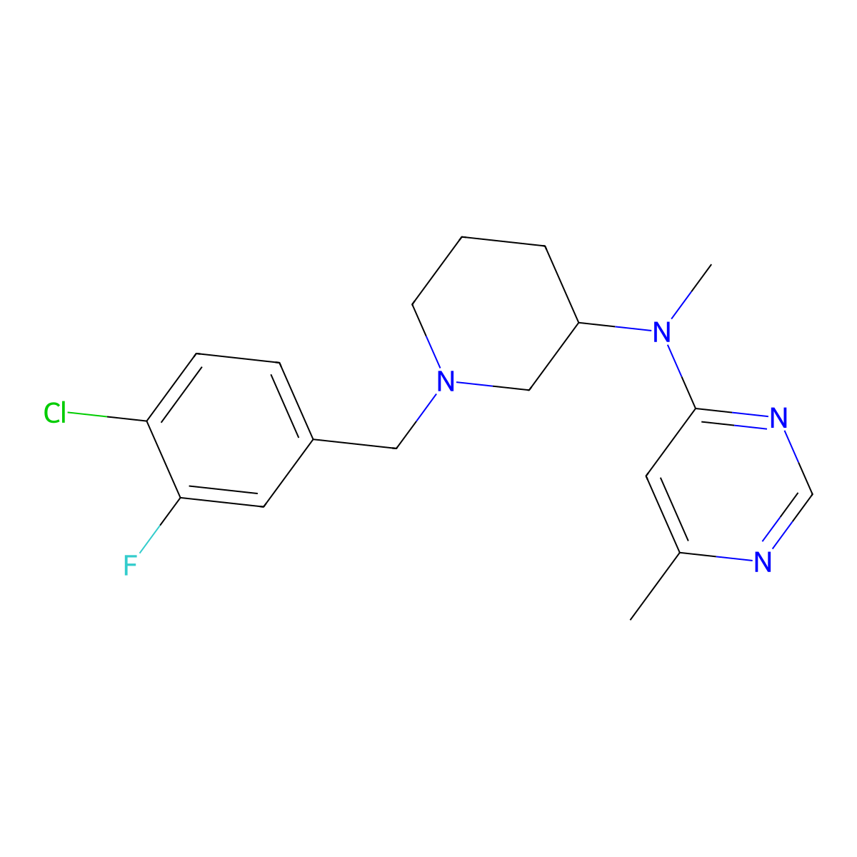 N-{1-[(4-chloro-3-fluorophenyl)methyl]piperidin-3-yl}-N,6-dimethylpyrimidin-4-amine molecular structure, CAS 3054534-28-7