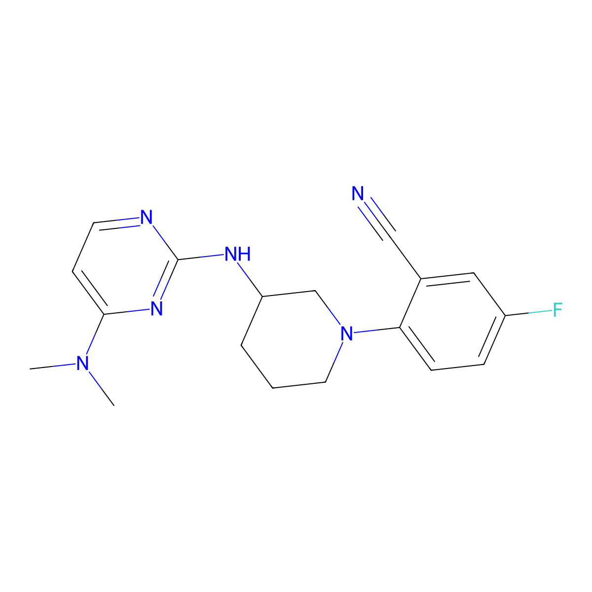 2-(3-{[4-(Dimethylamino)pyrimidin-2-yl]amino}piperidin-1-yl)-5-fluorobenzonitrile molecular structure, CAS 3054534-33-4