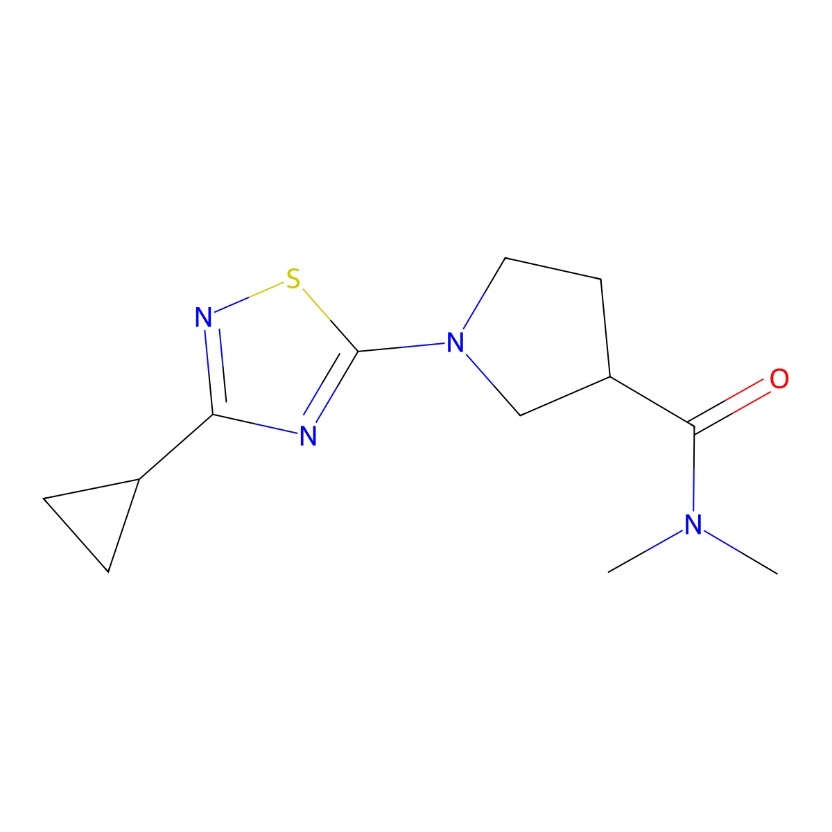 1-(3-cyclopropyl-1,2,4-thiadiazol-5-yl)-N,N-dimethylpyrrolidine-3-carboxamide molecular structure, CAS 3054534-37-8