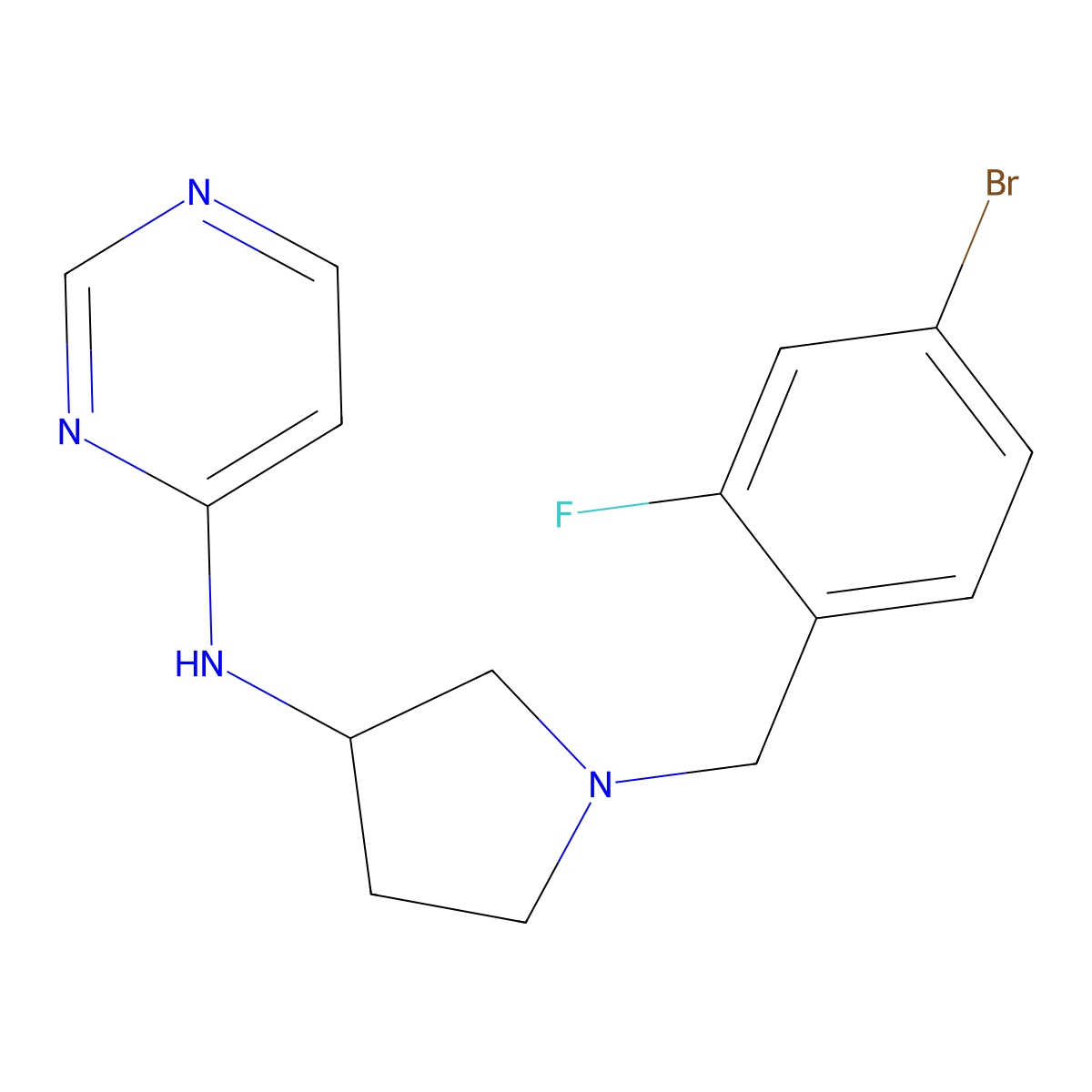 N-{1-[(4-bromo-2-fluorophenyl)methyl]pyrrolidin-3-yl}pyrimidin-4-amine molecular structure, CAS 3054534-46-9
