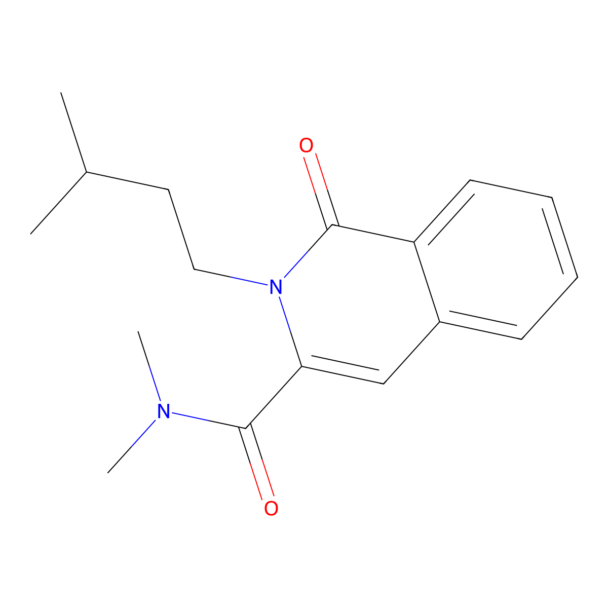 N,N-dimethyl-2-(3-methylbutyl)-1-oxo-1,2-dihydroisoquinoline-3-carboxamide molecular structure, CAS 3054534-57-2