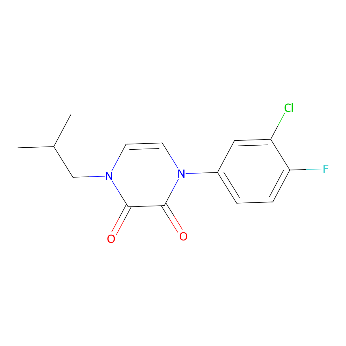 1-(3-Chloro-4-fluorophenyl)-4-(2-methylpropyl)-1,2,3,4-tetrahydropyrazine-2,3-dione molecular structure, CAS 3054534-58-3