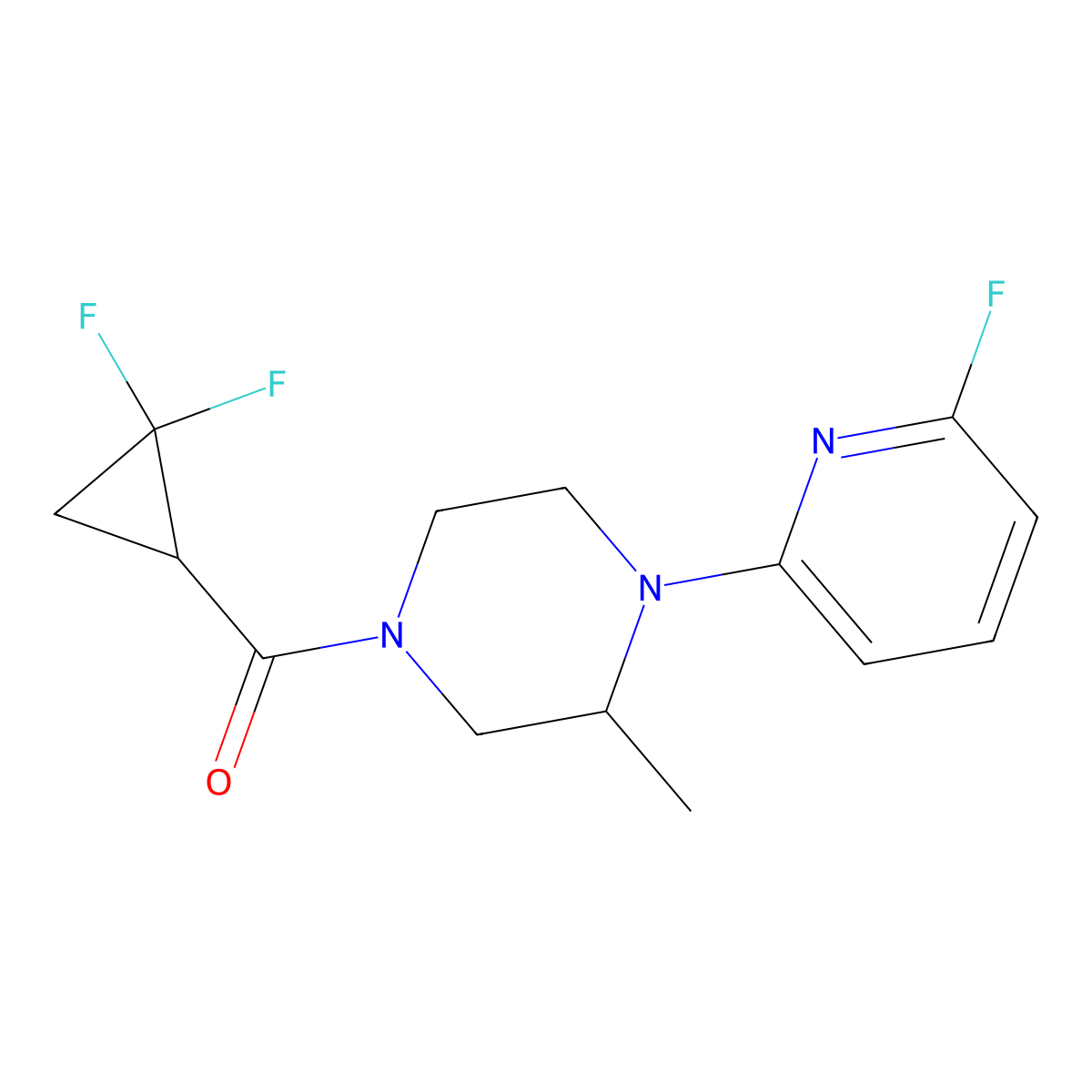 (2,2-Difluorocyclopropyl)-[4-(6-fluoropyridin-2-yl)-3-methylpiperazin-1-yl]methanone molecular structure, CAS 3054534-70-9