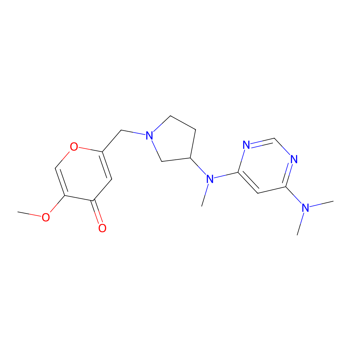 2-[(3-{[6-(dimethylamino)pyrimidin-4-yl](methyl)amino}pyrrolidin-1-yl)methyl]-5-methoxy-4H-pyran-4-one molecular structure, CAS 3054534-74-3