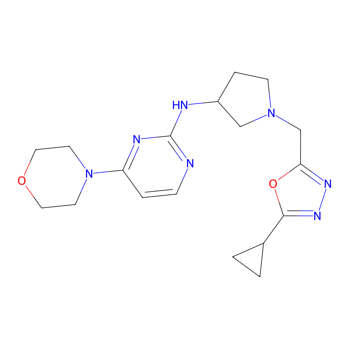 N-{1-[(5-cyclopropyl-1,3,4-oxadiazol-2-yl)methyl]pyrrolidin-3-yl}-4-(morpholin-4-yl)pyrimidin-2-amine molecular structure, CAS 3054534-75-4