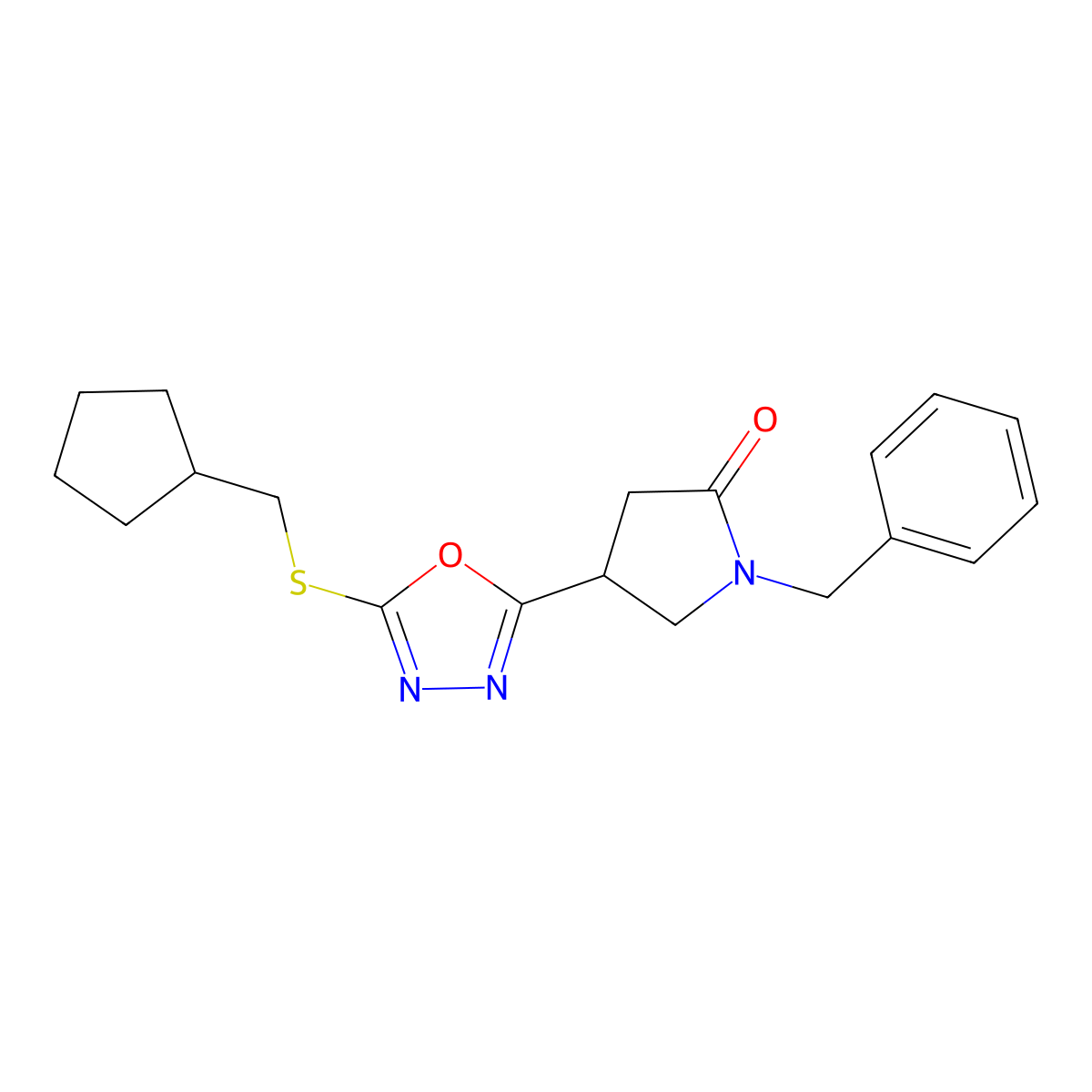 1-Benzyl-4-{5-[(cyclopentylmethyl)sulfanyl]-1,3,4-oxadiazol-2-yl}pyrrolidin-2-one molecular structure, CAS 3054534-78-7