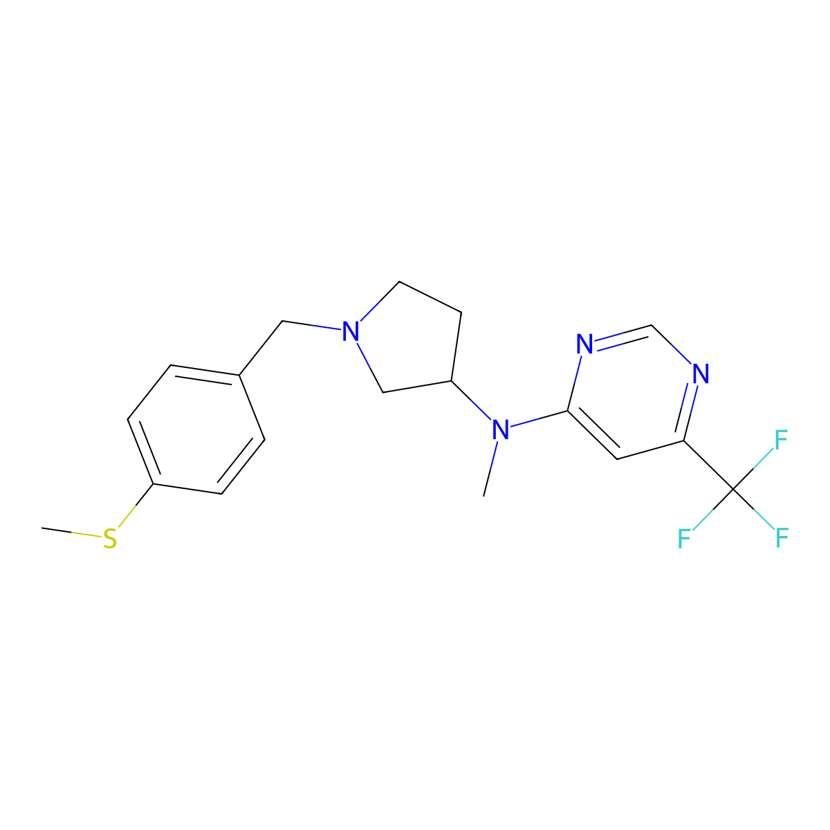 N-methyl-N-(1-{[4-(methylsulfanyl)phenyl]methyl}pyrrolidin-3-yl)-6-(trifluoromethyl)pyrimidin-4-amine molecular structure, CAS 3054534-79-8
