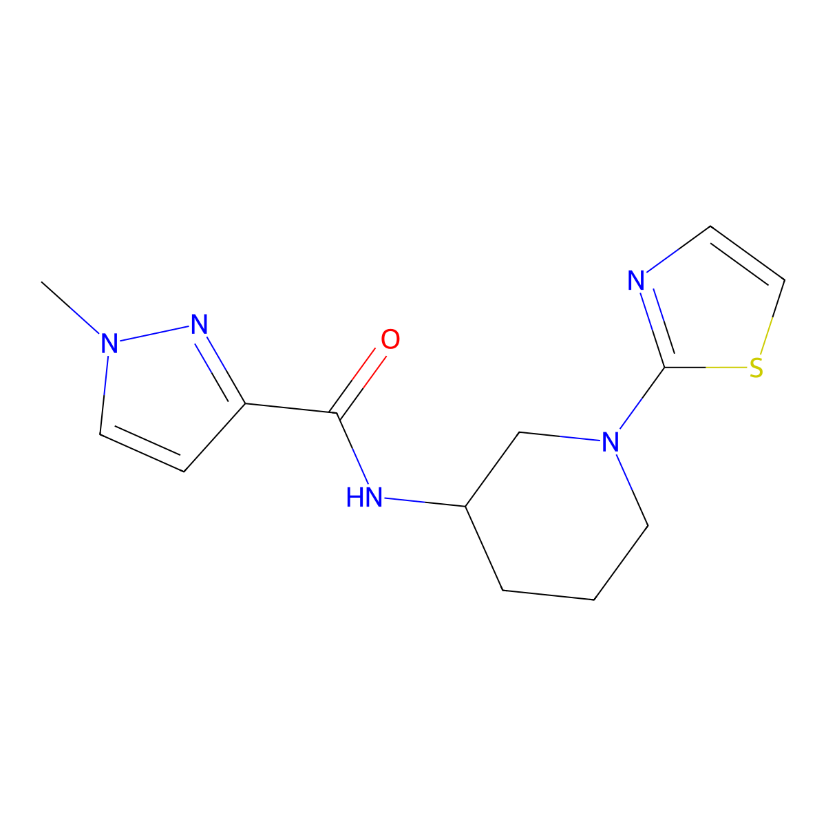 1-methyl-N-[1-(1,3-thiazol-2-yl)piperidin-3-yl]-1H-pyrazole-3-carboxamide molecular structure, CAS 3054534-92-5