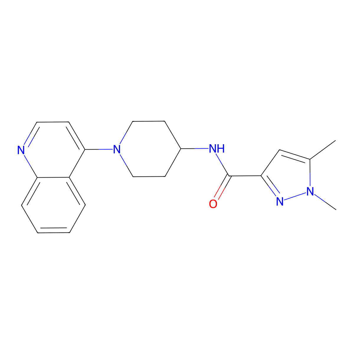 1,5-dimethyl-N-[1-(quinolin-4-yl)piperidin-4-yl]-1H-pyrazole-3-carboxamide molecular structure, CAS 3054534-93-6