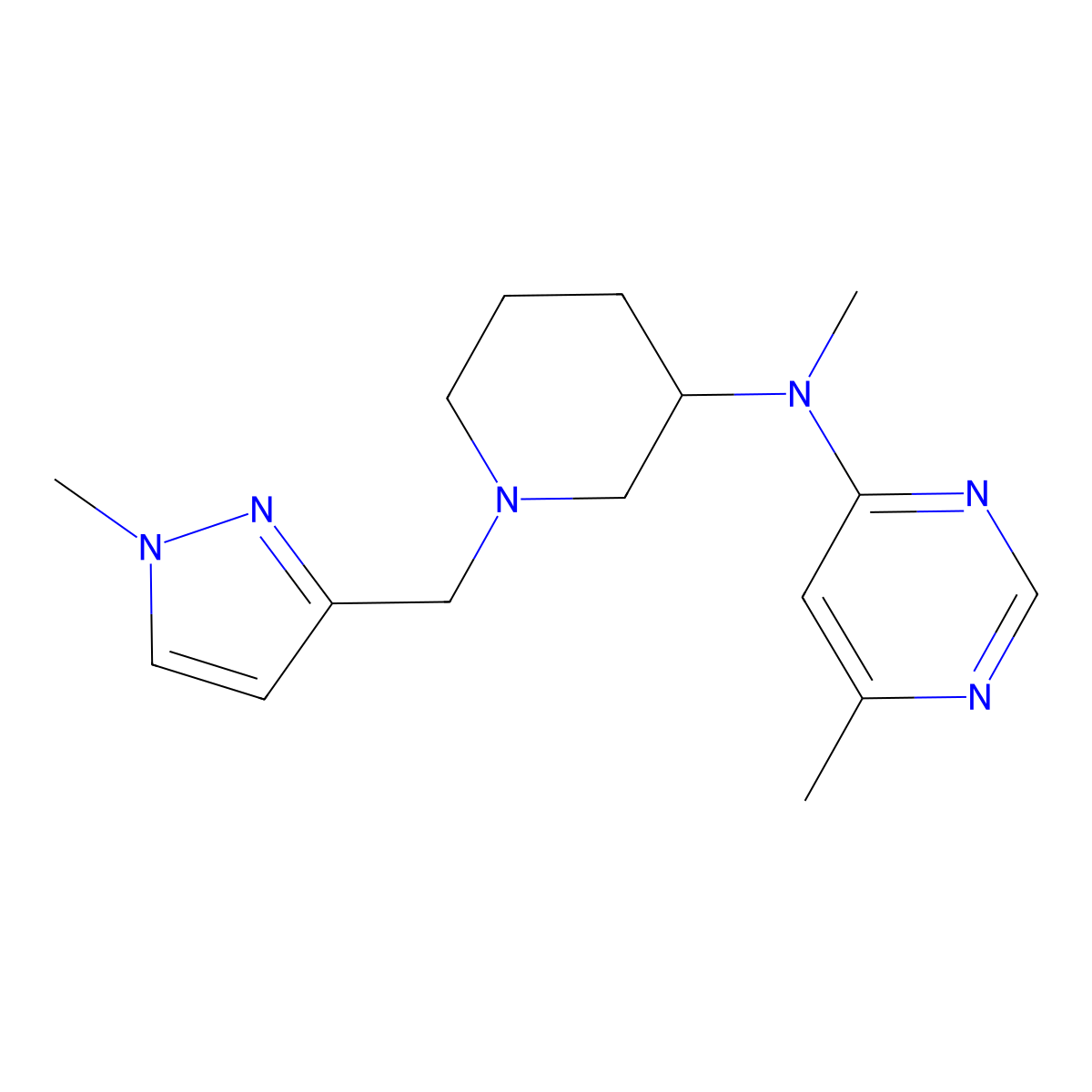 N,6-dimethyl-N-{1-[(1-methyl-1H-pyrazol-3-yl)methyl]piperidin-3-yl}pyrimidin-4-amine molecular structure, CAS 3054534-95-8
