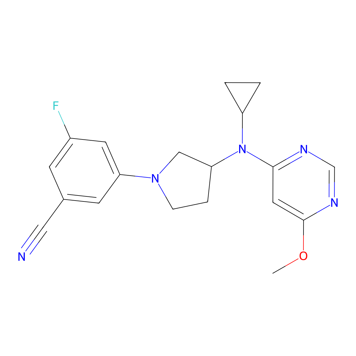 3-{3-[Cyclopropyl(6-methoxypyrimidin-4-yl)amino]pyrrolidin-1-yl}-5-fluorobenzonitrile molecular structure, CAS 3054534-99-2