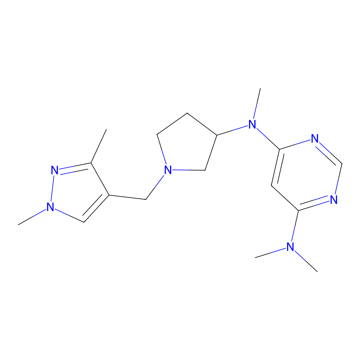 N4-{1-[(1,3-dimethyl-1H-pyrazol-4-yl)methyl]pyrrolidin-3-yl}-N4,N6,N6-trimethylpyrimidine-4,6-diamine molecular structure, CAS 3054535-02-0