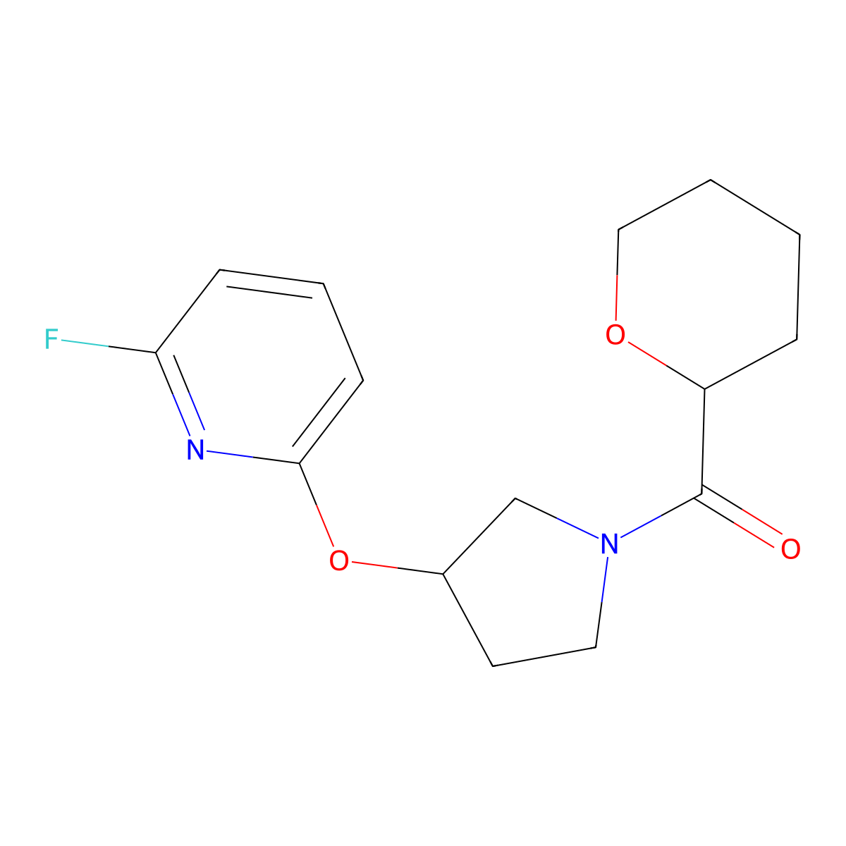 2-Fluoro-6-{[1-(oxane-2-carbonyl)pyrrolidin-3-yl]oxy}pyridine molecular structure, CAS 3054535-11-1