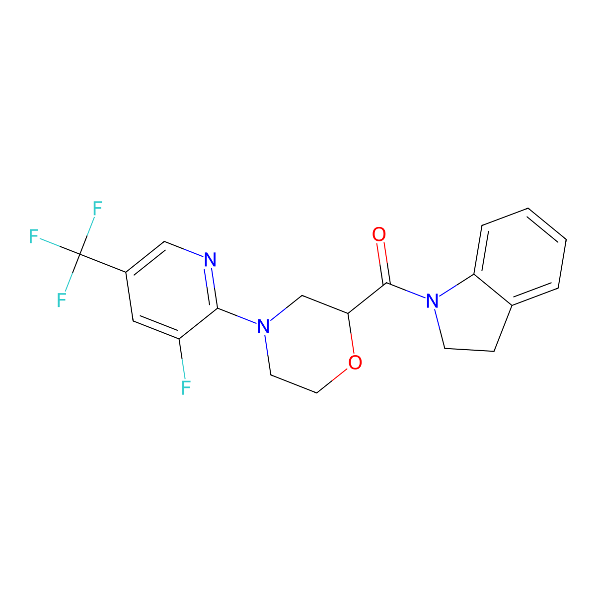 1-{4-[3-fluoro-5-(trifluoromethyl)pyridin-2-yl]morpholine-2-carbonyl}-2,3-dihydro-1H-indole molecular structure, CAS 3054535-23-5