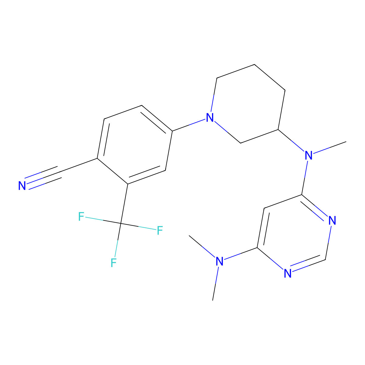4-(3-{[6-(Dimethylamino)pyrimidin-4-yl](methyl)amino}piperidin-1-yl)-2-(trifluoromethyl)benzonitrile molecular structure, CAS 3054535-24-6