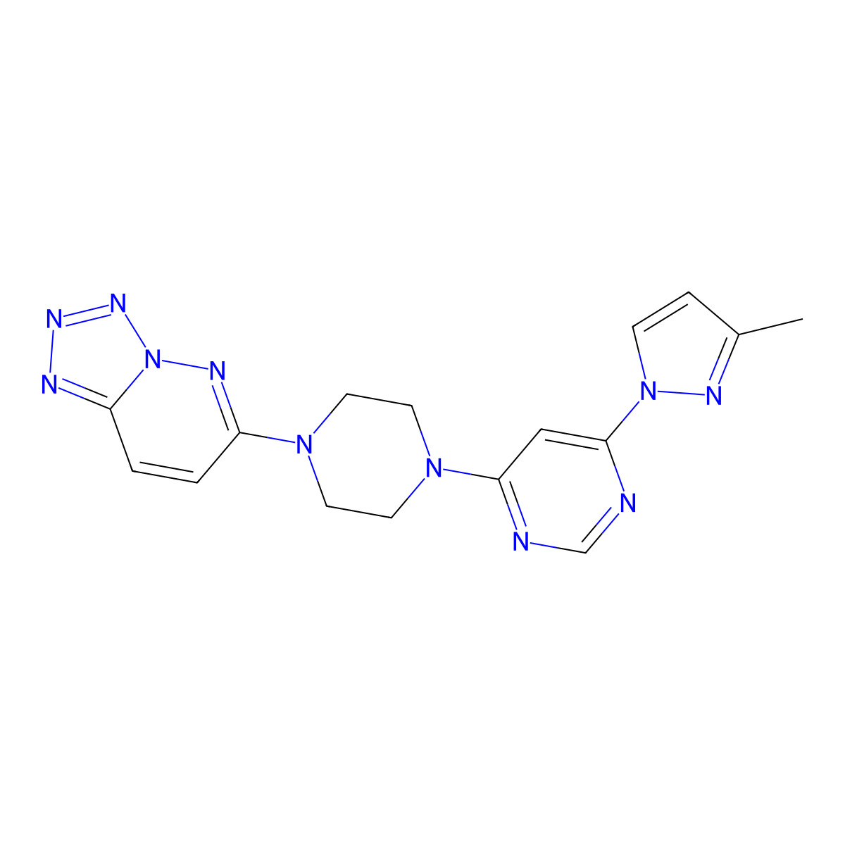 4-(3-methyl-1H-pyrazol-1-yl)-6-(4-{[1,2,3,4]tetrazolo[1,5-b]pyridazin-6-yl}piperazin-1-yl)pyrimidine molecular structure, CAS 3054535-32-6